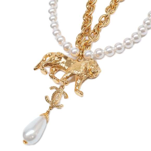 CHANEL B22A Faux Pearl Lion Motif Coco Mark Double-Strand Necklace in Gold fo...